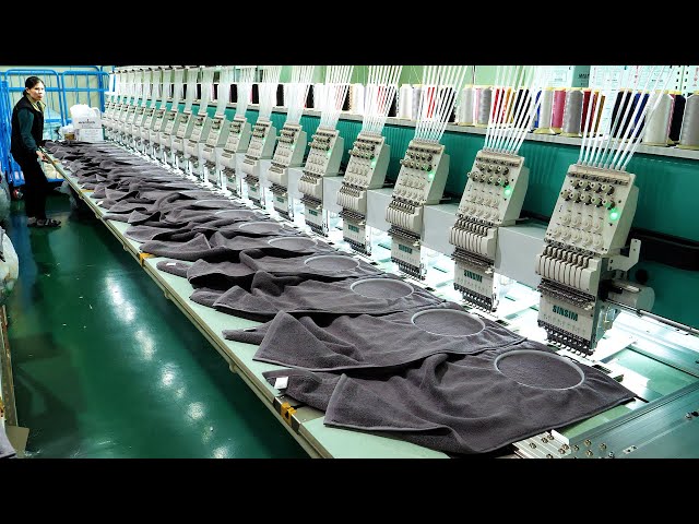 Mass production process of making towels. Towel factory of Korea