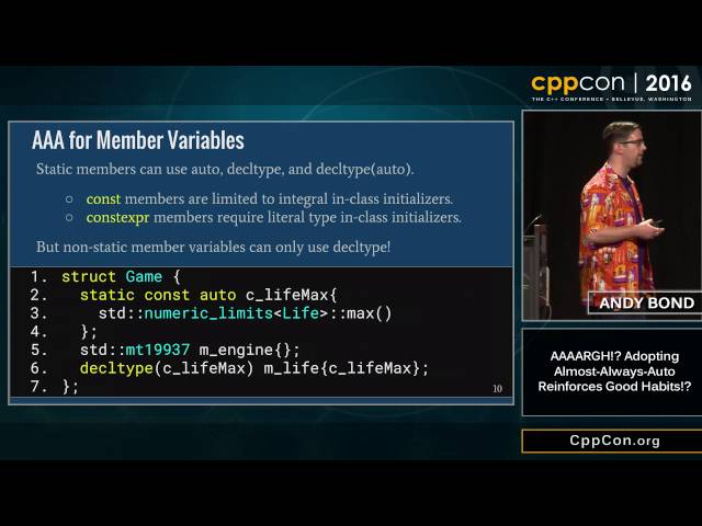 CppCon 2016: Andy Bond “AAAARGH!? Adopting Almost Always Auto Reinforces Good Habits!?"