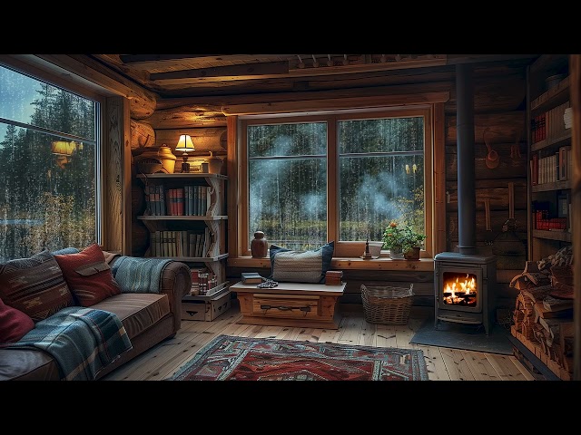 Rainy Room Ambience ASMR | Relaxing at Living Room with Fireplace | Deep Sleep, Meditation, Reading