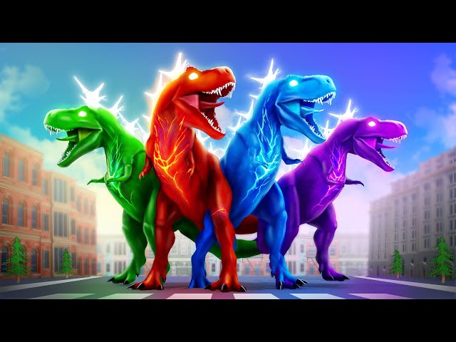 Jurassic War: Epic Battle of 4 Color Super Dinosaurs in the City! Dinosaur Fights Jurassic Cartoons