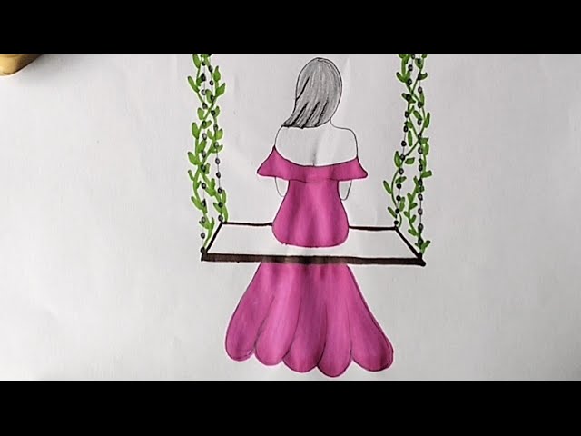 Girl sitting on a swing drawing || easy drawing #satisfyingvideo #art