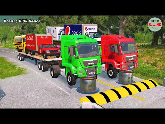 Double Flatbed Trailer Truck vs speed bumps|Busses vs speed bumps|Beamng Drive|820