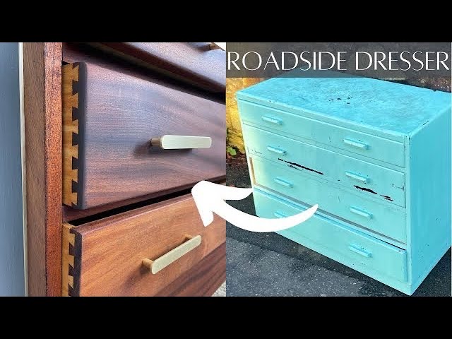Amazing RESTORATION / MAKEOVER of a Curbside Dresser. Mid century modern style with brass inlay