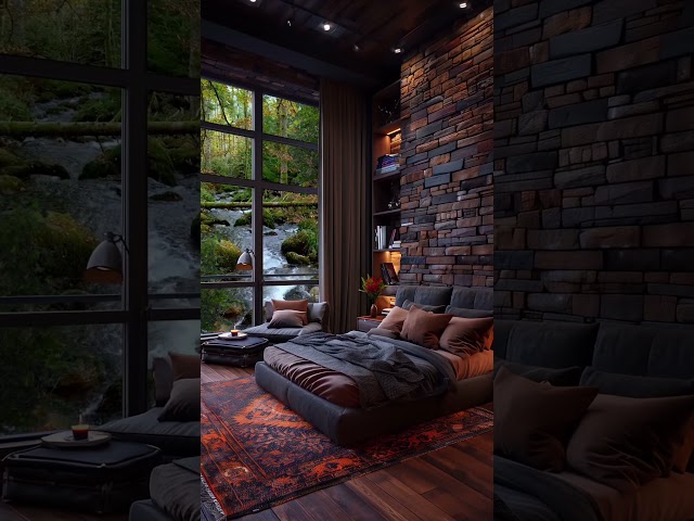 Bedroom tucked by a river in a lush forest #shorts