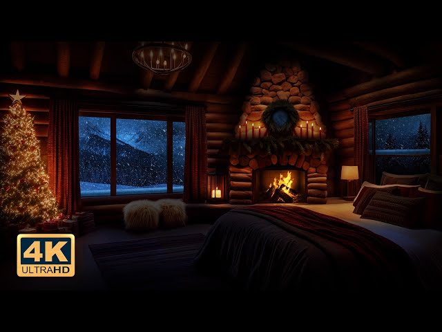 🔥 Christmas Cabin Ambience 2023 - Fire burning w/ Snowstorm Outside for Christmas, Winter Sounds