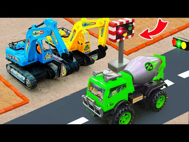 JCB Excavator, tractor, crane truck rescue ambulance and build diy traffic light - car toy for kids