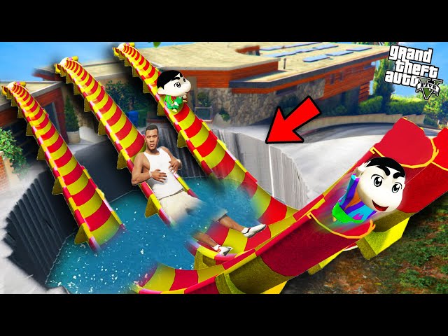 GTA 5 : Shinchan & Franklin Tried The Impossible Water Slide Challenge Outside His House In GTA 5 !