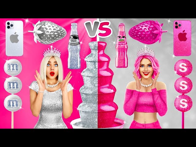 SILVER VS PINK CHALLENGE | 24 Hours Eating Food in PINK and SILVER Color by RATATA BOOM