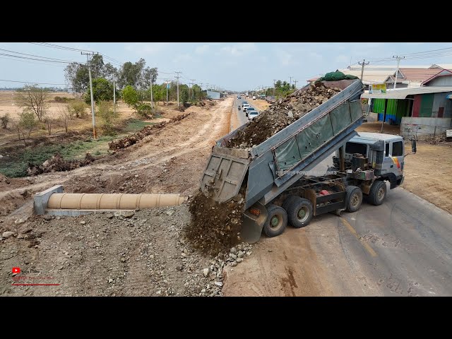 Expert Operator Clutter​ Rocky Soil Making Foundation Near​ Drain​ Sewer Job By Dozer And Dump Truck