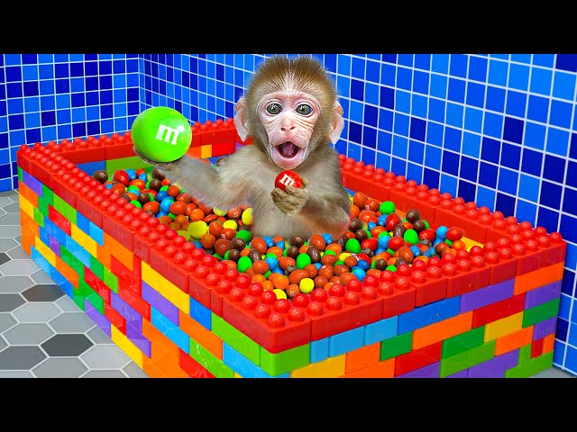 KiKi Monkey solves trouble with Colorful Lego Bathtub Full of M&M Candy | KUDO ANIMAL KIKI