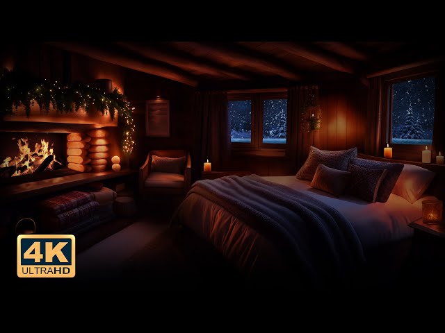 🔥 Tiny Cozy Winter Cabin - Snowstorm, Crackling Fireplace & Blizzard Winds, Cozy Bedroom Ambience