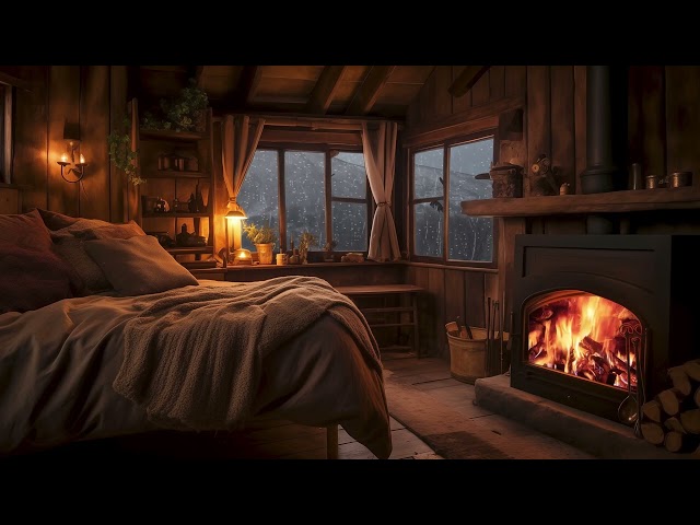 Deep Sleep with Crackling Fireplace Burning & Raindrops Falling Sounds丨Cozy Bedroom Rainy Days Vibes