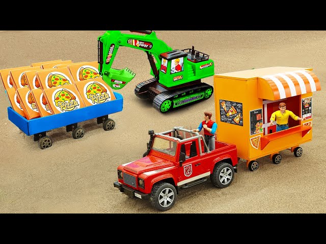 Cần cẩu, máy kéo, máy xúc, xe tải, cùng giúp đỡ làm cửa hàng bán Pizza lưu động - Bé Cá ô tô đồ chơi