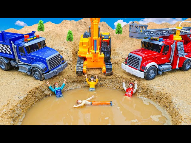 Build Swimming Pool Playground with Fire Truck, Excavator and Dump Trucks
