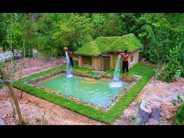 16Days Build Modern swimming pool & Build Underground House,grass roof