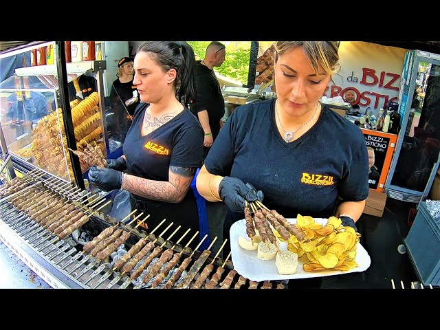 Street Food Fest in Italy. Grilled Meat, Burgers, Angus, Smoked Pork, Sausages, Octopus