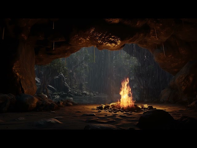 Subterranean Serenity| Rainfall Echoes in the Cave with Cozy Fireplace