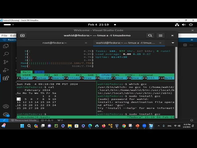 Linux Fedora Terminal Multiplexer Usage (tmux)