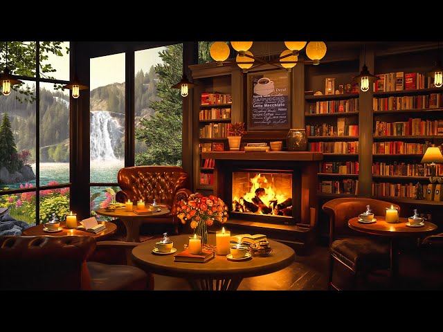 Relaxing Jazz Background Music in Cozy Coffee Shop Ambience with Crackling Fireplace for Study, Work