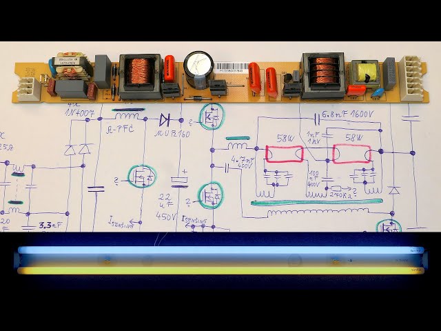 2x58W electronic fluorescent ballast teardown (with schematic)