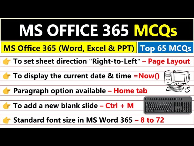 top 50 ms office 365 mcqs | important shortcut keys