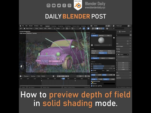 How to preview depth of field in solid shading mode in Blender.