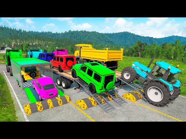 Flatbed Trailer Cars Transportation with Truck - Speedbumps vs Cars vs Train - BeamNG.Drive #12