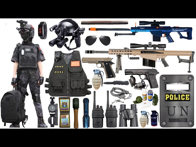 Special police weapon toy set unboxing, Barrett sniper rifle, tactical helmet, 1911 pistol, bomb