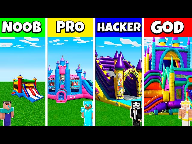 Minecraft Battle: NOOB vs PRO vs HACKER vs GOD: BOUNCY CASTLE HOUSE BASE BUILD CHALLENGE / Animation