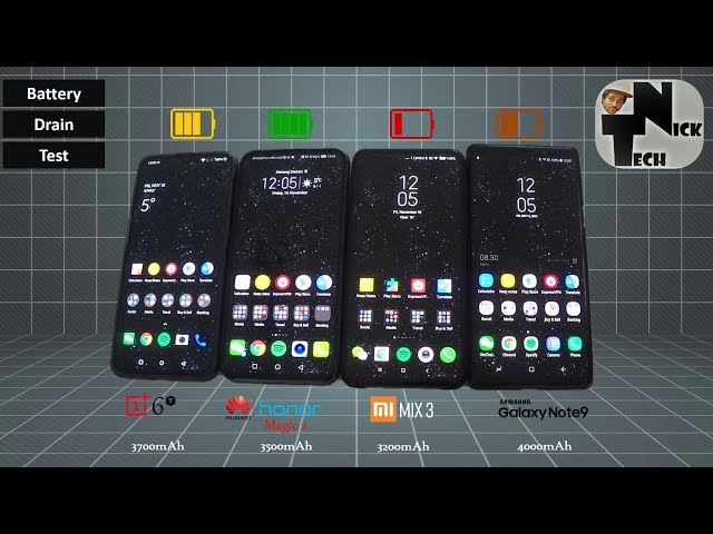 Honor Magic 2 vs OnePlus 6T vs Mi MIX 3 vs Note 9 Battery Life Drain Test