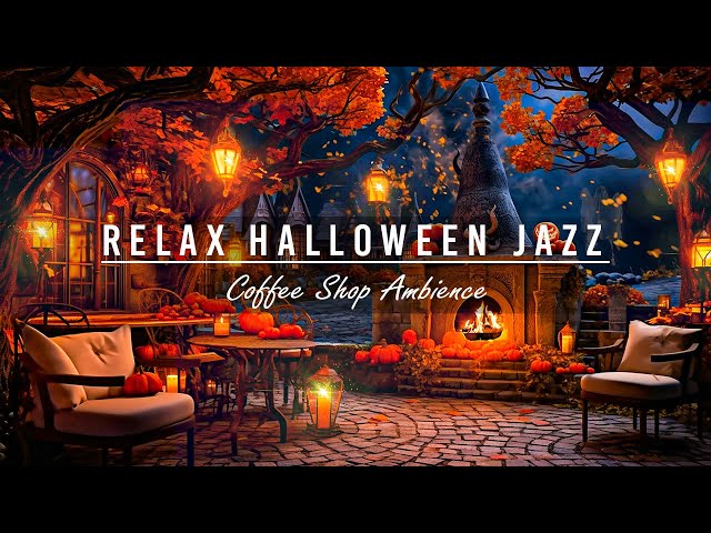 🎃🦇Relaxing Halloween Jazz Music with Spooky Night Ambience at Coffee Shop | Fall Crackling Fireplace