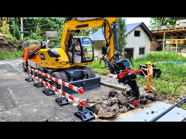 Road repair. Liebherr A918 compact RC excavator, Rototilt R4, Mercedes sprinter RC scale models