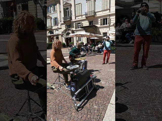 Morning Street Music. Sax, Guitar and Drums. Turin, Torino, Italy