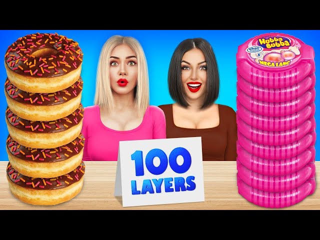 100 Layers of Bubble Gum VS Chocolate Food Challenge | 1 vs 100 Layers of Sweets by RATATA POWER