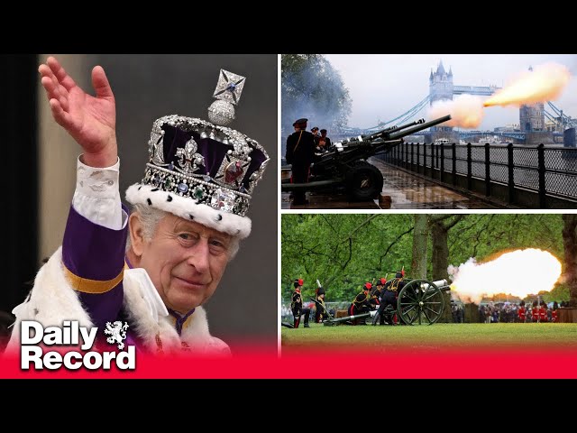 King Charles and Queen Camilla receive gun salutes to mark first anniversary of coronation