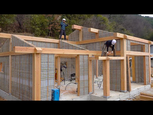 Process of Making Beautiful Korean-Style House. Skilled Korean Carpenter