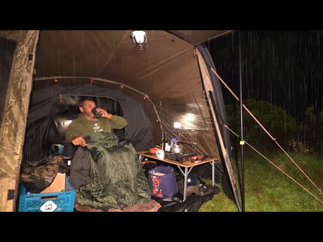 CAMPING in RAIN STORM on Mountain - OZTent AT4 Air Tent
