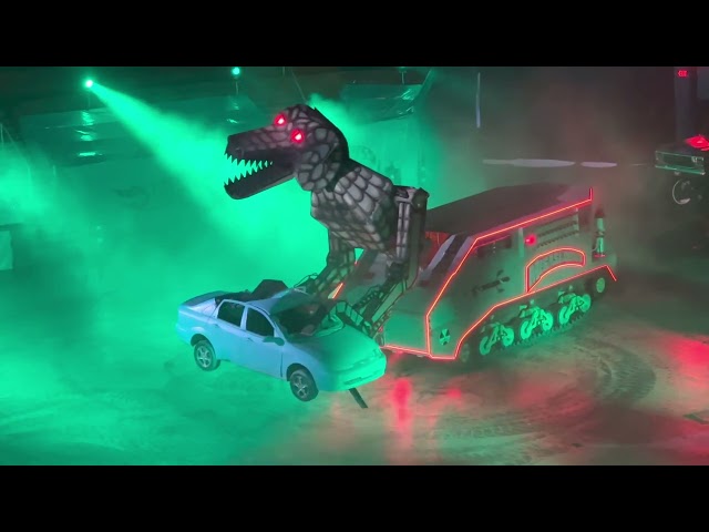 MEGASAURUS The Car-Eating, Fire-Breathing, Transforming Robot at Hot Wheels Monster Truck Glow Party