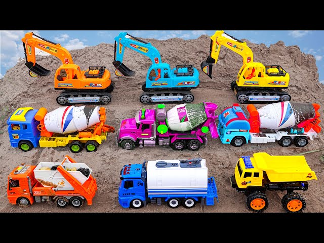 Cars and cranes rescue garbage trucks, dump trucks, excavators, concrete trucks to build roads