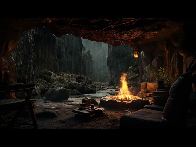 Relaxing Nighttime Ambiance Rain and Fireplace for Reduce Stress, Hello Restful Night | Rain on Cave