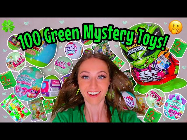 UNBOXING 100 *GREEN ONLY* MYSTERY TOYS!!🥳🍀🐸🍃💚 (RAINBOCORNS, L.O.L, MINI BRANDS, ROBLOX EGGS ETC!!🫢)