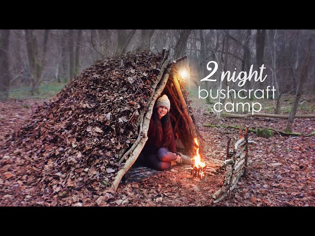2 Nights Winter Bushcraft Camping & Fire Cooking 🔥 Building & Sleeping in a Natural Debris Shelter