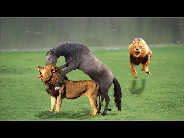 Unbelievable! Wild Horse Defeated Hungry Lion This Way! Wild Animals Documentary