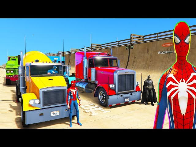 SPIDERMAN TRUCKS jump Challenge on MULTI Mega Ramp ! SUPERHERO HULK Batman FIRE Truck CARS - GTA 5