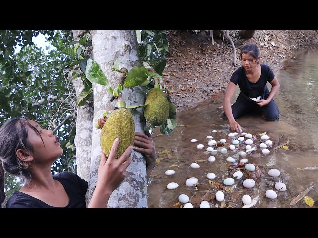 Survival cooking in forest- Duck egg braised Spicy delicious with jackfruit for dinner