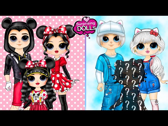 Mickey Mouse and Minnie Mouse Family vs Hello Kitty Family - DIY Paper Dolls & Crafts