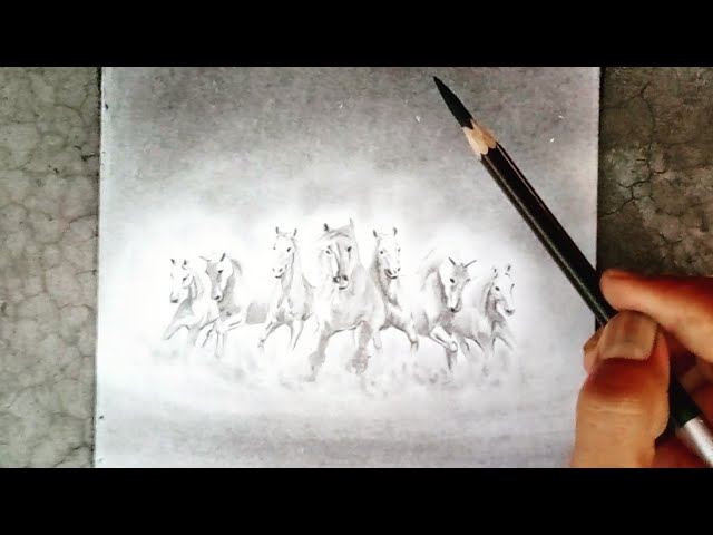 How to draw 7 running horses painting with pencil step by step.