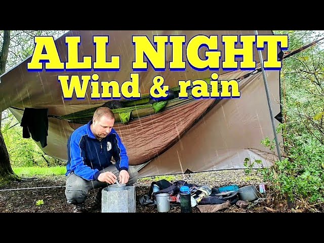 Solo hammock camping in heavy rain and strong wind - long night woodland camping in my hammock setup