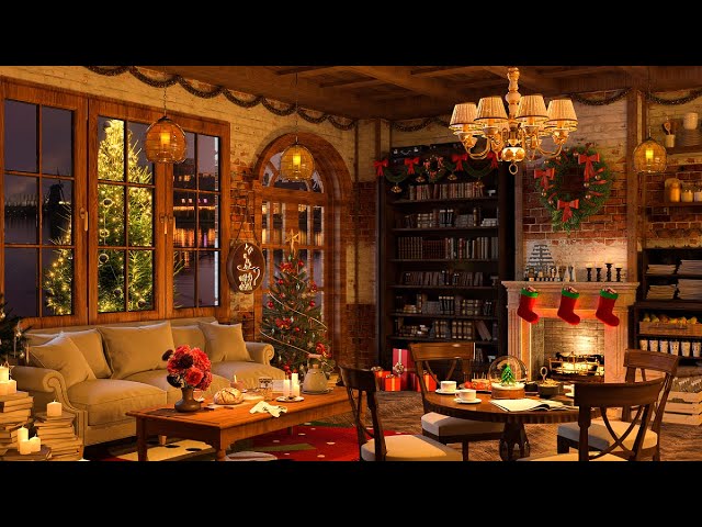 Cozy Christmas Coffee Shop Ambience 🎁🎄Christmas Jazz Instrumental Music with Fireplace Sounds