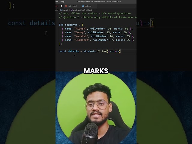 Using filter() to return students with marks more than 60 🔥 #javascript #javascriptinterview